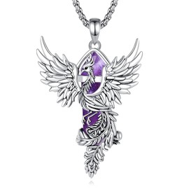 Vito Amethyst Phoenix Necklace for Women Men, Silver Plated Copper Phoenix Pendant Hexagonal Prism Amethyst Crystal Protection Energy Amulet Jewelry Gift for Mom Wife, 20+2"