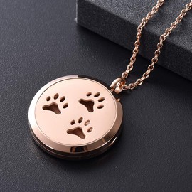 Stainless Steel Three Paw Print Round Perfume Essential Oil Diffuser Pendant Necklace Women (Free Pads) (Rose Gold)