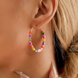 Jugielu Boho Rainbow Seed Beaded Circle Earrings Circle Bead Hoop Earrings Colorful Bead Hoop Dangle Earrings Acrylic Multi Color Bead Circle Earrings Jewelry for Women