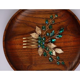 Elegant Bridal Hair Comb, Emerald Green Crystal with Gold Leaves, Wedding Hair Accessory, Decorative Hair Vine for Special Occasions (Gold)