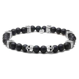 Nato Cuff - 925 Sterling Silver Skull Bracelet - Onyx Beads Semi-Precious Stones - Greek Ceramic Beads - Men's and Women's Jewellery Handmade in France, Silver, Onyx