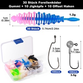 Annyswit 50 Piece Trout Bait Rubber Set with Box, Rubber Bait Trout with Jig Head & Offset Hooks, Trout Bait, Rubber Fish Fishing Lure, Bass Bait, Rubber Fish with Jig Head for Freshwater Saltwater