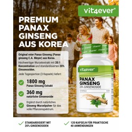 vit4ever Panax Ginseng - 120 Capsules - 20% - 20:1-1800 mg - High Dose