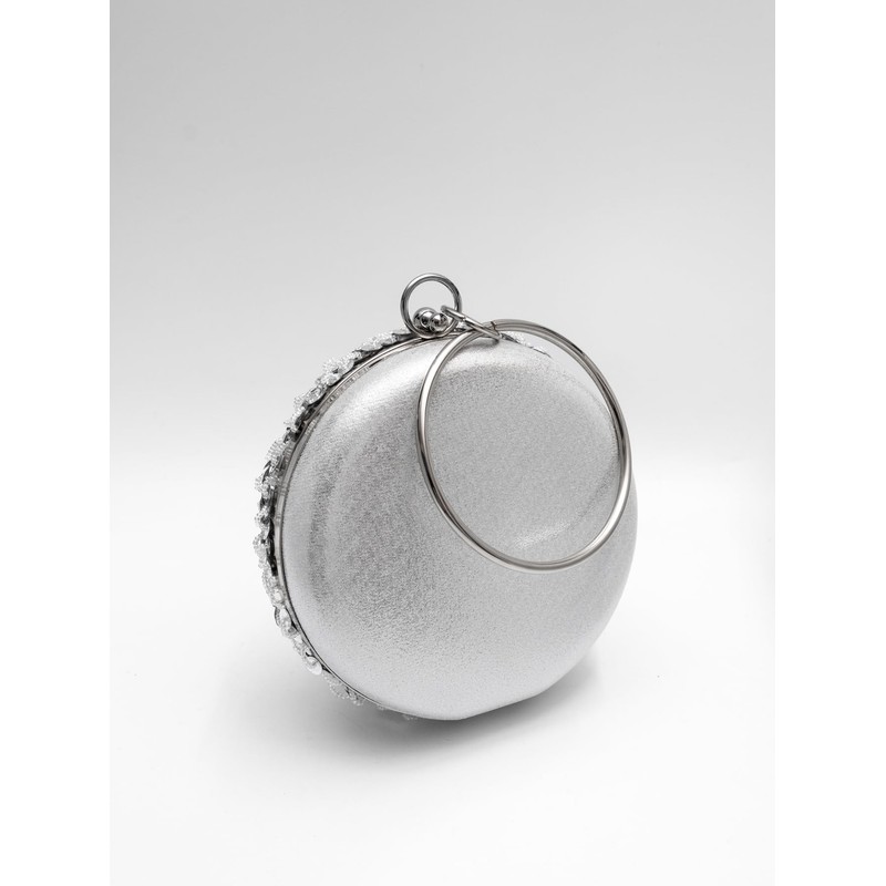 lapulio Flower Sequin Round Evening Bag, Silver, Small