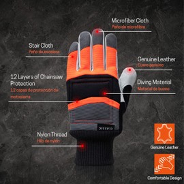 YARDMARIS Chainsaw Gloves, Classic Anti-Cut Gloves, Leather, 12-Layer Left Hand Protection, Orange & Black, X-Large