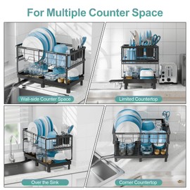 GSlife Large Dish Drying Rack - 2 Tier Dish Rack for Kitchen Counter, Expandable Capacity Dish Drainer Rack with Removable Cutlery Holder, 15.7''-20.7''L x 9.8" D x 13.4" H, Black