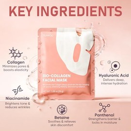 TEAWOO Bio-Collagen Facial Mask 8 EA, Hydrating & Soothing Hydrogel Face Mask, Overnight Collagen Face Mask for Glass Skin & Elasticity, Korean Skin C