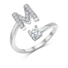 Zelaro Silver Ring with Letter, Cubic Zirconia Ring with Initials, Couple Rings for Girls, Gift for Girlfriend, Women's Ring as Jewellery Rings for Anniversary, Adjustable Rings in Silver,