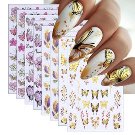 8 Sheets Gold Edge Butterfly Nail Stickers 3D Self Adhesive Holographic Colorful Butterfly Cherry Blossoms Decals Spring Glitter Gold Flower Design Supplies for Women Girls Manicure Decoration