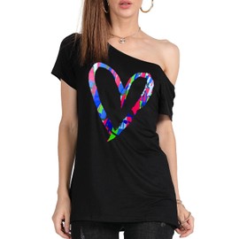 MAGICMK Women's Off Shoulder Shorter Sleeve,80s Outfit Sweatshirt Slouchy Printed Neon Long Tunics Top for Party-XL