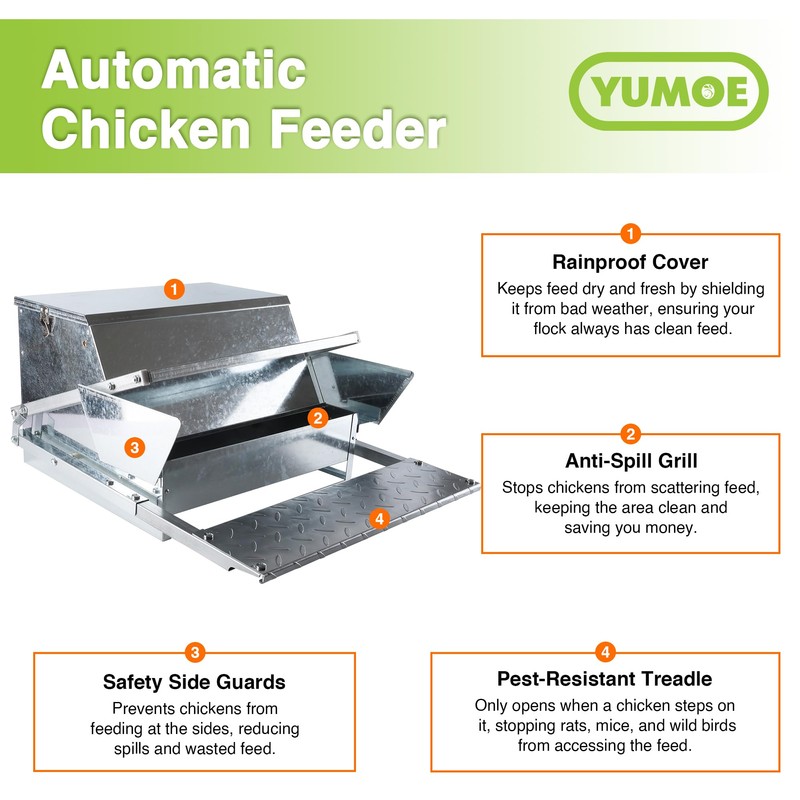 YUMOE Chicken Feeder Galvanized 25Lbs Capacity Weatherproof Treadle Chicken Feeder