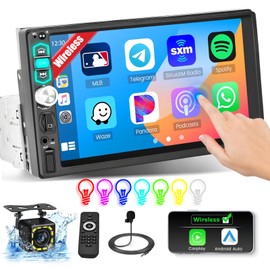 Fuluku 7 Inch Single Din Car Stereo with Wireless Carplay Android Auto 1080P Touch Screen 1 Din Radio Bluetooth 5.1 FM RDS SWC Mirror Link Backup Camera MIC