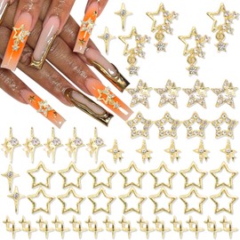 55PCS Star Nail Charms 3D Shiny Gold Nail Charms 8 Types Alloy Starlight Star Charms Crystal Nail Rhinestones for Nail Art and DIY Crafts Decoration