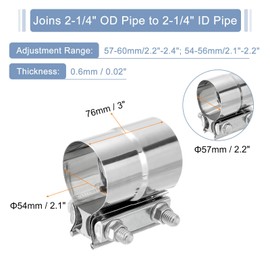 sourcing map 2-1/4" Exhaust Clamp, 304 Stainless Steel Butt Joint Band Clamp Sleeve Coupler Pipe Repair Clamp Universal Widening Clamp for 2-1/4" OD to 2-1/4" ID Exhaust Pipe Mufflers, Silver