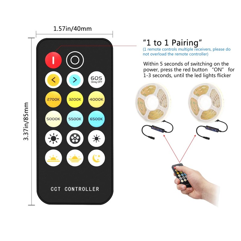 PAUTIX Wireless Remote Dimmer for CCT COB LED Light Strip,