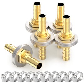 GASHER 5PCS Brass Hose Barb Thru-Bulk Bulkhead Fitting 1/4" to 1/4" Barb Hose, Straight Hex Union Fitting with 10PCS Hose Clamp