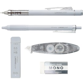Tombow Pencil MONO PCC-541CAZ Stationery Set, Grayscale, Light Gray, 5 Piece Set (Mechanical Pencil, Pencil Lead, Eraser, Ballpoint Pen Correction Tape)