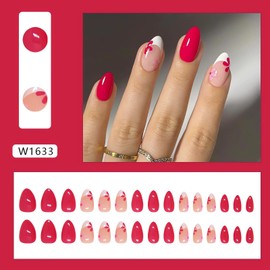 Rose Red Press on Nails Almond Fake Nails Medium Length White French Glue on Nails Small Flower Designs False Nail Tips Exquisite Almond Shape Stick on Nails Medium Artificial Nails for Women 24Pcs