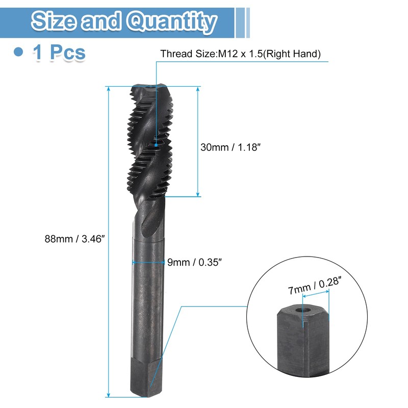 sourcing map Spiral Flute Thread Taps M12 x 1.5 H2