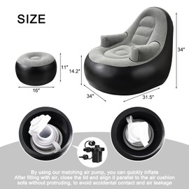 KAERMU Inflatable Deck Chairs with Air Pump, Inflatable Patio Lounge Chairs for Indoor Living Room Bedroom, Outdoor Travel Camping Picnic Beach Chaise Lounges (Black Gray)