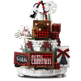 GlikCeil 20 Pcs Christmas Tiered Tray Decor Red Black and White Buffalo Plaid Wooden Sign Farmhouse Rustic Xmas Table Decorations Snowflake Tabletop Decor for Winter Home Shelf(Red Black Plaid)