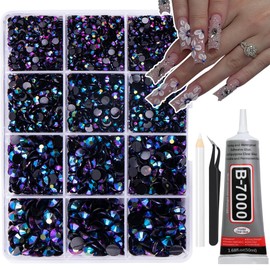 RODAKY Flatback Rhinestones with B7000 Glue,3-6mm Mixed Size Nail Rhinestones for Nail Art,Black Blue Purple Crystal Rhinestones for DIY Crafts,Non Hotfix Jelly Rhinestones for Shoes Decoration
