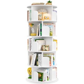 Aheaplus Rotating Bookshelf, 360 Display Wood Spinning Bookshelf Tower, 5 Tier Floor Standing Bookcase Storage Rack, Revolving Bookcase Corner Bookshelf for Small Space, Bedroom, Study Room, White