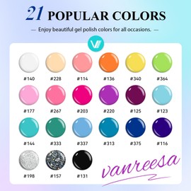 VANREESA 24 Pcs Gel Nail Polish Set, 21 Colors Gel Polish with Base Coat Glossy & Matte Top Coat Pink Orange Yellow Green Purple Blue Glitter Gel Polish Kit Nail Kit Gifts for Women Girls