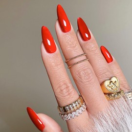 Red Press on Nails Almond Long Fake Nails Pure Color Glossy False Nails Charm Reusable Sparkly Artificial Nails Full Cover Glue on Nails Stick on Nails for Women Girls Nail Accessories