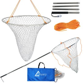 Drasry Large Collapsible Bridge Pier Fishing Net Landing Net with Rod, High Load Aluminum Ring Drop Net for Saltwater and Freshwater Pier Fishing Baskett with 49.2 ft Rope 23.6 * 23.6 * 37 in