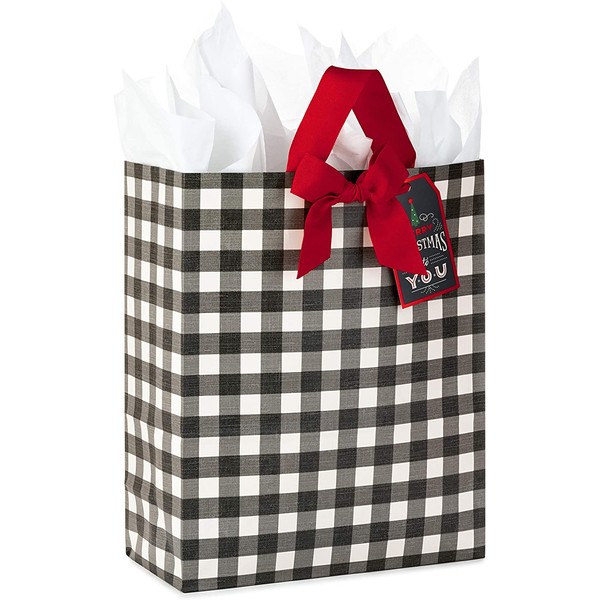 Hallmark 15" Extra Large Christmas Gift Bag with Tissue Paper (Black Buffalo Plaid with Red Bow)