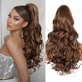 24 Inch Ponytail Extension, Clip on Ponytails for Women, Long Curly Wavy Ponytail Extensions for Women, Synthetic Layered Pony Tails Hair Extensions (Color: Medium Brown Mixed Honey Blonde)