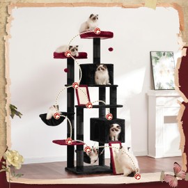 Gitelsnour Cat Tree, 71'' (180cm) Cat Tower for Indoor Cats Large Adult, Gothic Multi-Level Cat Tree Tower with 2 Scratching Boards/Posts, 2 Plush Perches, 2 Cat Condos, Hammock, Black GCT032BR