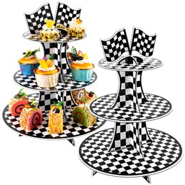 Soporte de cartón para cupcakes de 3 niveles, 2 piezas de cartón, para fiestas temáticas de coche, para 8 a 12 magdalenas, para fiestas de cumpleaños, decoraciones a cuadros en blanco y negro