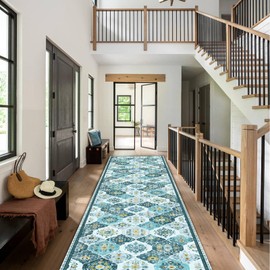 FLYRUGGO 2'6''x8' Runner Rug, Washable Boho Runners for Hallways, 8ft Moroccan Trellis Kitchen Rug Runner, 8 Feet Turquoise Soft Bedside Rug Carpet for Bedroom Kitchen Laundry Room - Teal/Multi