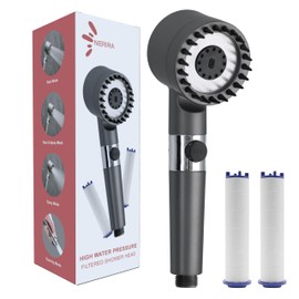 NERIRA® Duschkopf mit Filter + 2 Ersatzfiltern | Hochdruck-Duschkopf mit 3 Strahlmodi und Silikonbürste im Duschkopf für entspannende Massage, SPA