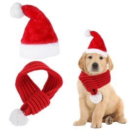 Christmas Dog Santa Hat with Scarf, Festive Christmas Holiday Accessory Christmas Dog Scarf with White Pompom Ball Adjustable Pet Warm Headgear Doggy Neck Costume Set for Cats and Small Dogs(Small)