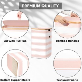BALEINE Laundry Hamper with Lid, Tall Laundry Baskets with Bamboo Pull Handles, Large Laundry Bin with Internal Support (26 Gallon, Pink Stripe)