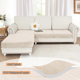 NAISI Waterproof Couch Cushion Covers Thick Velvet Fabric Washable Sofa Slipcovers Sectional Couch Covers for 3 Pieces Separate L Shape Couch Cover with Elastic Bottom(2 Seater + 1 Chaise,Beige)
