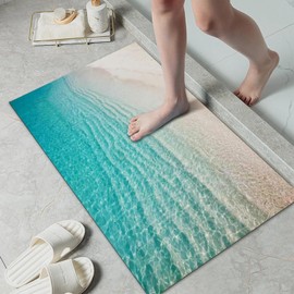 LYGLIGH Ultra Thin Bath Mat, Teal Bath Mat, 1/10 in Thin Bathroom Rugs Fit Under Door, Non-Slip Rubber Backing, Absorbent, Quick-Dry, Washable Funny Beach Decor for Shower and Tub, 35‘’X24''