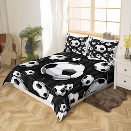 Castle Fairy Kids Soccer Duvet Cover Set Twin Size,2 Pieces Breathable Black White Football Bedding Sets(1 Duvet Cover+1 Pillowcase),Children Geometric Printed Comforter Cover Set for Teens Boys