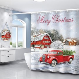 Inshere Colorful Merry Christmas Shower Curtain with 12 Hooks 72"X72", Vintage Red Vintage Truck Xmas Winter Snowy Forest Tree Pattern, Funny Christmas Shower Curtain Set
