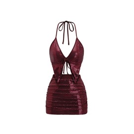 SHENHE Women's Y2k 2 Piece Sexy Outfits Backless Halter Crop Top and Ruched Bodycon Mini Skirt Set Sequin Burgundy Medium