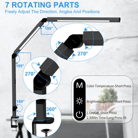 LED Desk Lamp with Clamp, Architect Desk Lamp for Home Office with Remote Control, Swing Arm Clamp on Desk Light, Clip-on Eye-Care Adjustable 5 Brightness Levels Table Light for Working Drafting