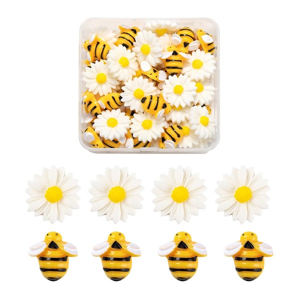 BEEFLYING 50 Pcs Daisy Flower Bee Resin Charms Plastic Flatback Bee Charm Epoxy Charms for Jewelry Making Crafts Decor Supplies Mixed Color