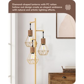 EDISHINE Dimmable Industrial Floor Lamp, Farmhouse Standing Lamp for Living Room with 3 LED Edison Bulbs, Diamond-Shaped Cage, Corner Rustic Rattan Reading Lamps for Bedroom, Office, Gold