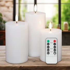 AFINETH White Flameless Pillar Candles, Battery Operated Wax Candles with Remote, Flat Top Flickering Flameless Candles, LED Candles for Home, Wedding, Party Decor, Set of 3, Φ 3" H 4" 5" 6"