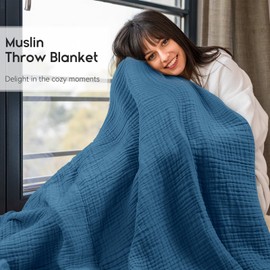 Yoofoss Muslin Blanket 100% Cotton Summer Blanket Large Twin Size 60" x 80" for Bed Couch 6-Layer Gauze Blanket for Adults Lightweight and Breathable Dark Blue
