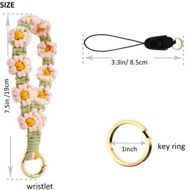 BIHRTC Macrame Bobo Flower Keychain Macrame Bohemian Bracelet Keychain Wrist Lanyard Wristlet Strap Keychain Holder Handmade Braided Wrist Keychain Keyring for Women Car Keys Bags