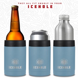 ICEHOLE 4-in-1 Can Cooler - Stainless Steel Double Wall Vacuum Insulated Drink Holder for 12 Oz, 16 OZ Regular or Slim Cans and Bottles - Sweat Proof Powder Coated Can Insulator (Light Blue)